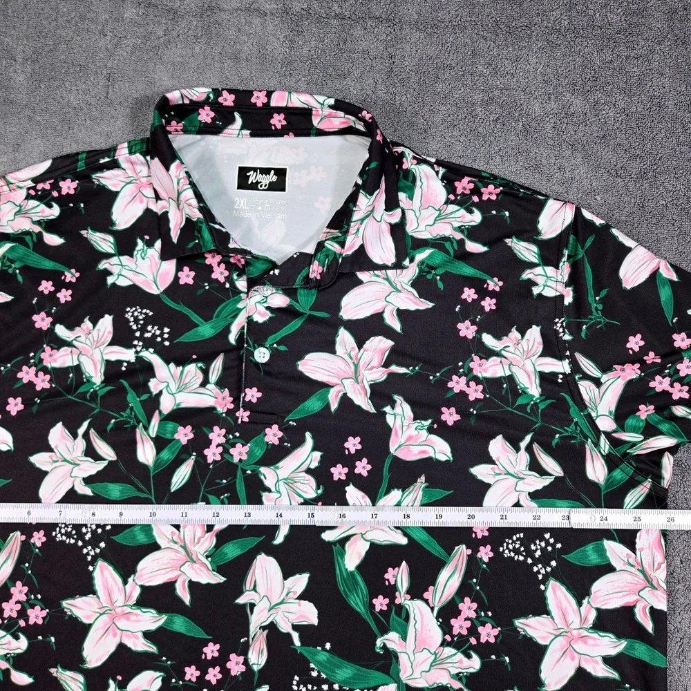 Waggle Golf Polo Mens 2XL Black Pink Floral Lily Performance Stretch Excellent - Picture 6 of 10